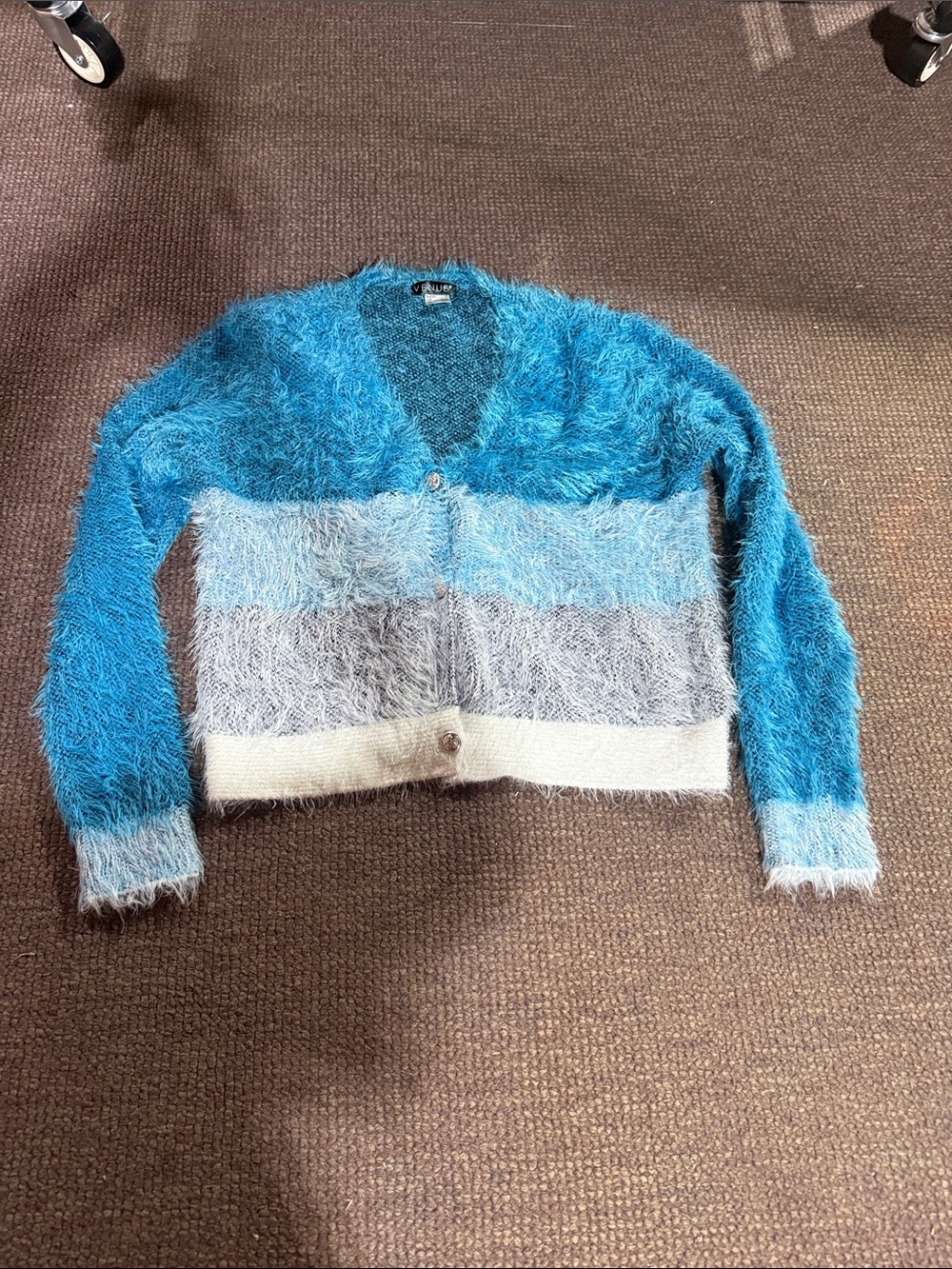 Fuzzy Colorblock V-Neck Cardigan Sweater in Teal and Light Gray